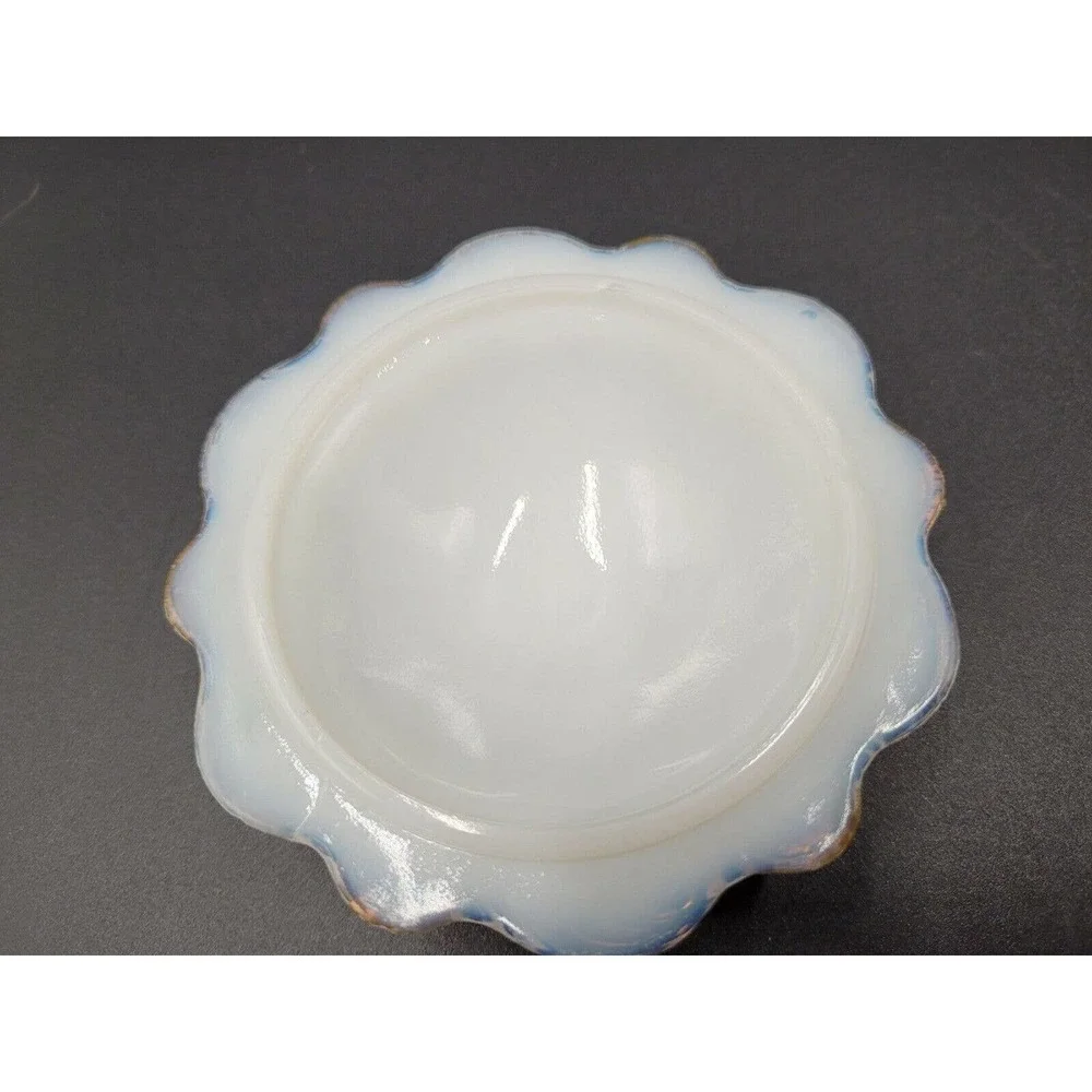 ATQ Milk Glass Vanity Tray Powder Trinket Box Victorian #513 Gold Tone Trim